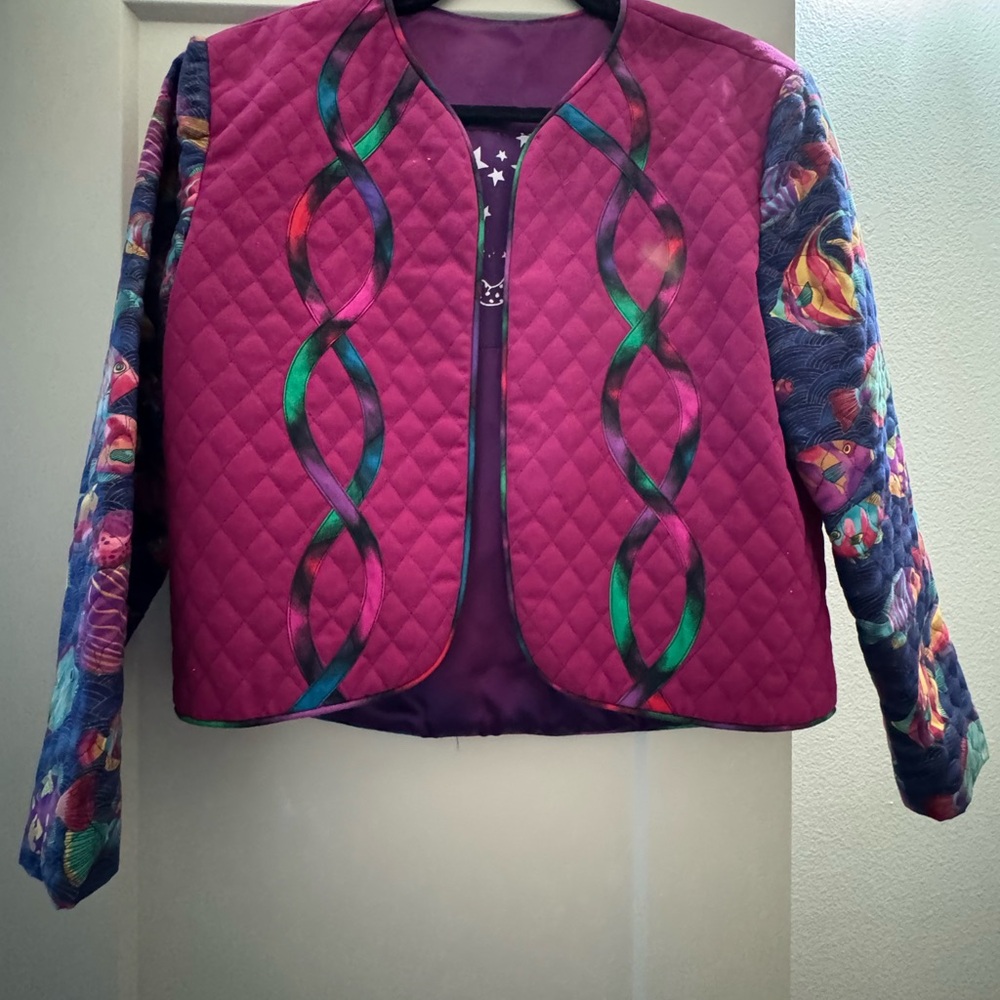 Vintage 80’s fish Purple and Multicolor Quilted Bomber Jacket